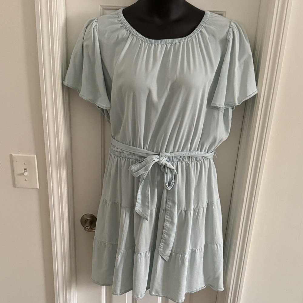Lane Bryant Light Blue Tiered Tie-Waist Mini Dress